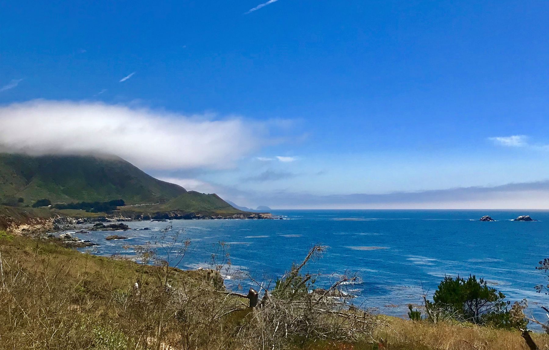 Photo of curving shore cliffs, ocean water, blue sky
